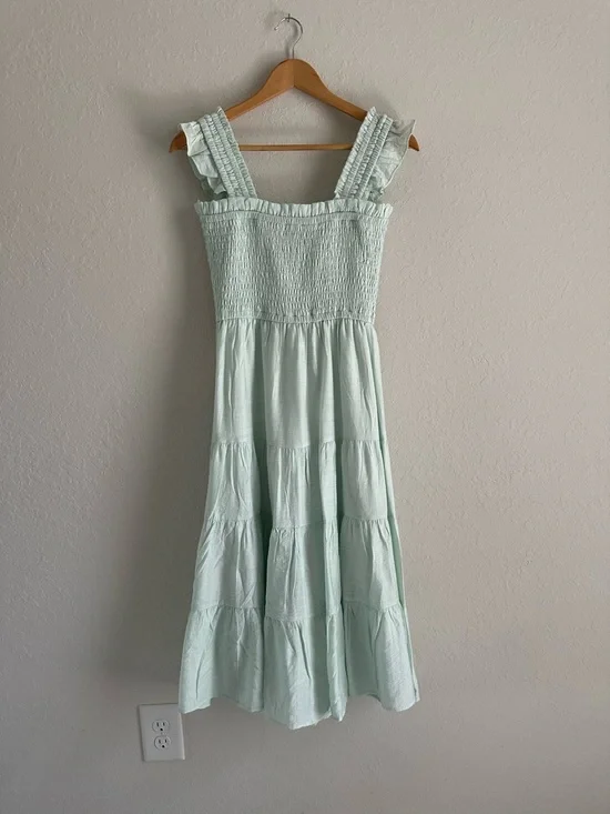 Express Mint Green Smocked Ruffle Strap Midi Dress - Picture 7 of 7
